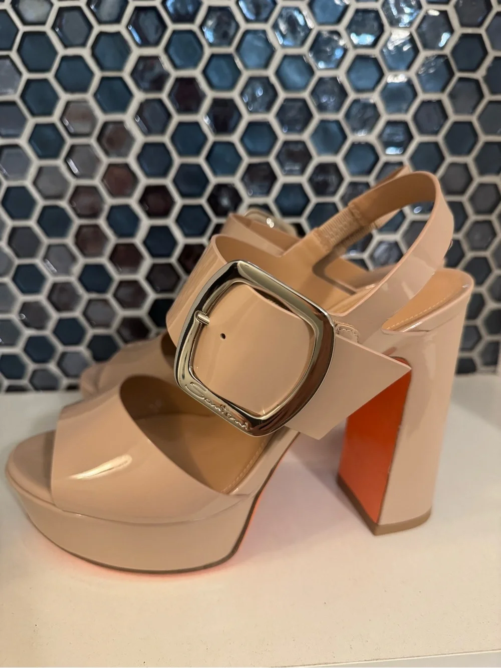 SANTONI Bruxel Nude Beige Platform Sandal, size 7.5